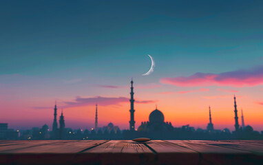 Obraz premium Dreamy sunset skyline featuring mosque silhouettes and a glowing crescent moon, Ramadan Product podium