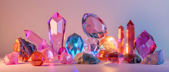 Multicolored crystal stones and diamonds on studio background.