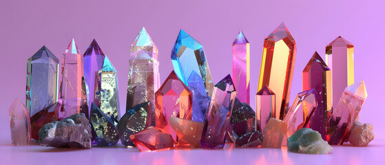 Multicolored crystal stones and diamonds on studio background.