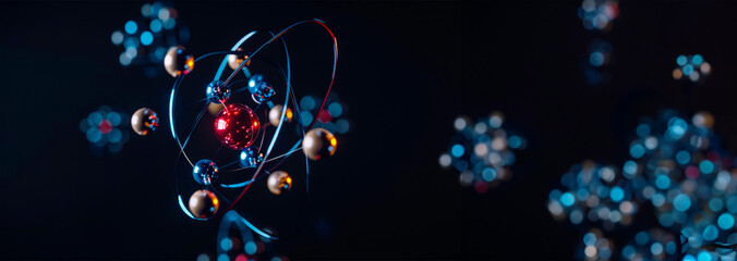 A conceptual 3D representation of an atom with orbiting electrons and colorful bokeh, symbolizing science, molecular structure, and discovery. Banner. Copy space - obrazy, fototapety, plakaty
