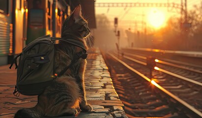 Cat sitting on train platform with backpack - obrazy, fototapety, plakaty