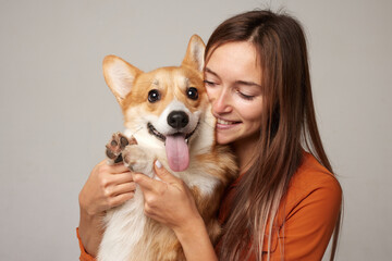 a brunette girl holds and hugs a red corgi dog on a clean light background, the concept of love for...