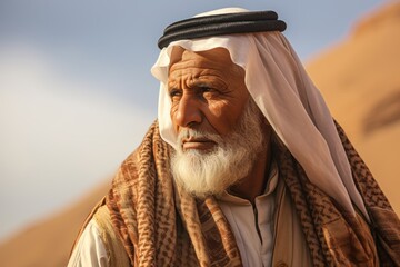 The essence of wisdom, a senior Bedouin man gazes into the distance, his pastel brown attire blending harmoniously with the sandy dunes behind him.