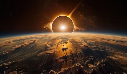 Solar eclipse casting a shadow on earth from space - obrazy, fototapety, plakaty