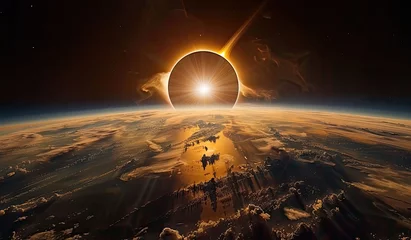 Fotobehang Solar eclipse casting a shadow on earth from space © Viam