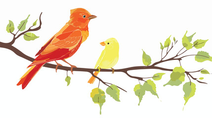 Mother bird with her young on a tree branch flat vector