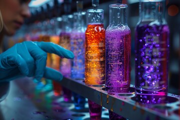 A person is handling a plastic bottle of violet liquid in a laboratory, possibly water or a...