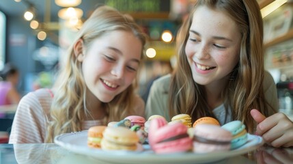 Two girls sharing a plate of macarons at a cafe  AI generated illustration