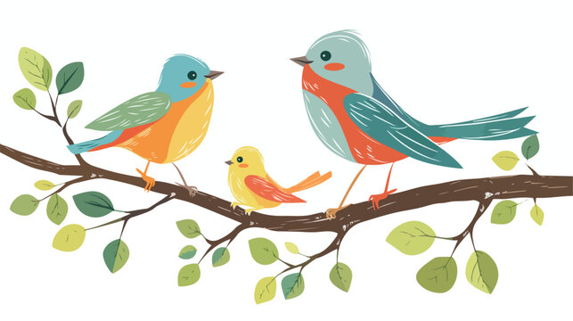 Mother bird with her young on a tree branch flat vector