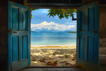 Beyond the open door lies a mesmerizing sight: a picturesque beachscape unfolds, where golden sands meet the shimmering sea under the vast expanse of the sky.