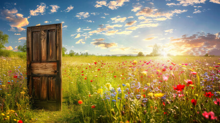Set within a picturesque meadow bursting with a myriad of colorful blooms, a solitary door stands as an unexpected yet intriguing focal point.