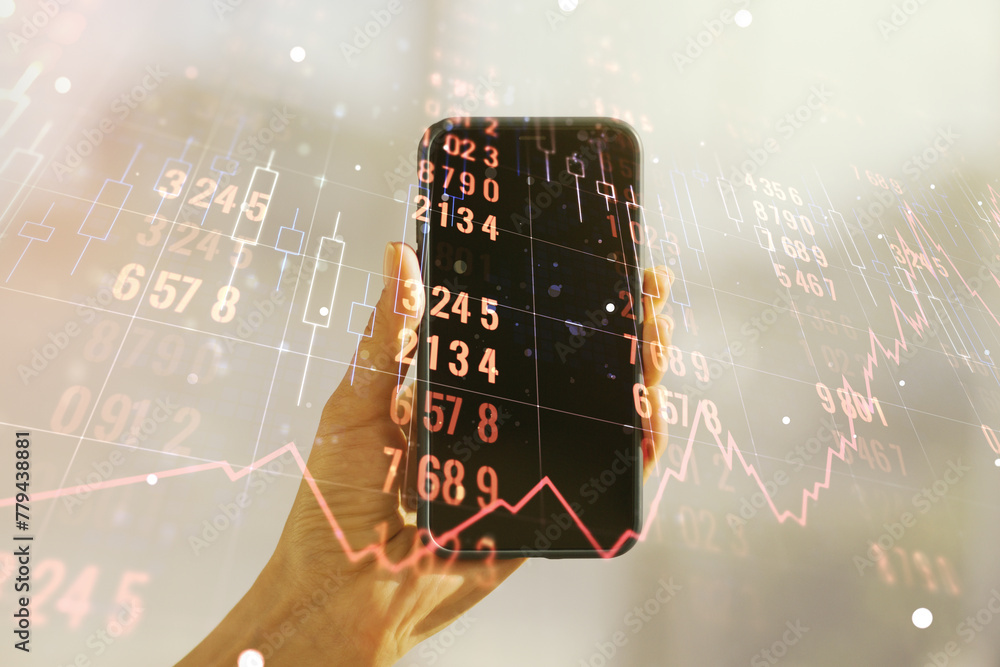Poster Double exposure of abstract creative statistics data hologram and hand with cellphone on background, analytics and forecasting concept