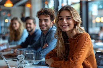 A group of humans are seated at a table in a restaurant, sharing smiles and laughter. They are enjoying their drinkware and tableware, having fun and leisurely spending time together at the event