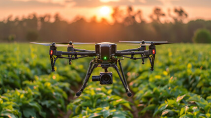 A drone equipped with sensors and artificial intelligence technologies in front of an agricultural field. - obrazy, fototapety, plakaty