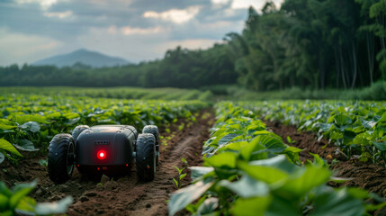 Autonomous robotic ground drone operating in the agricultural sector.