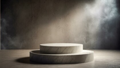 a marble podium as the centerpiece, set against a dramatic empty night room with a concrete wall, creating a sophisticated display studio with a hint of smoky ambi