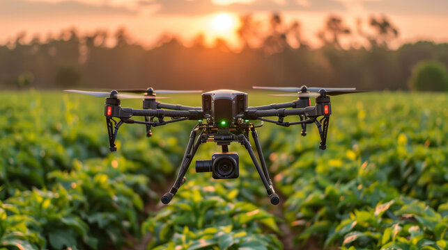 A drone equipped with sensors and artificial intelligence technologies in front of an agricultural field.