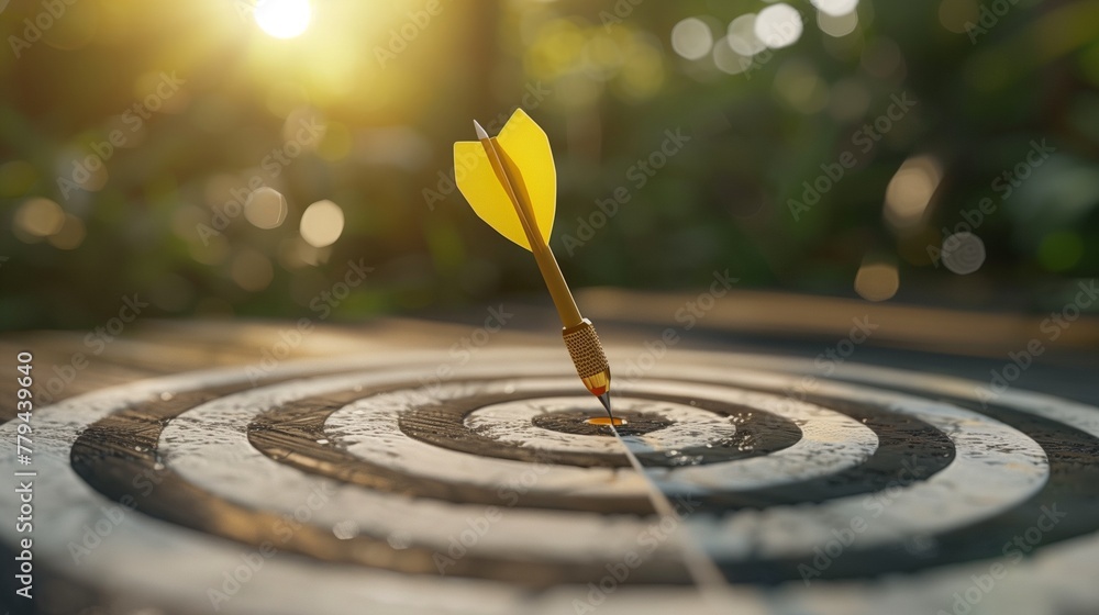 Poster a close-up image showcasing a sharp dart perfectly hitting the bullseye on a dartboard, symbolizing 