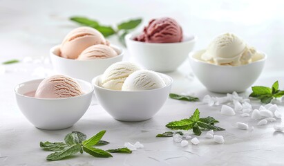 Four bowls of ice cream with mint leaves