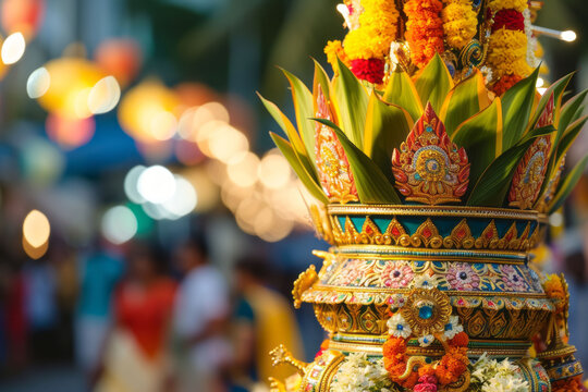 The intricate designs of the Vel, a symbol of Lord Murugan, carried by devotees during the Thaipusam procession. Selective focus.