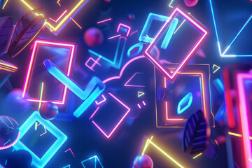 Glowing geometric shapes intertwined with neon lights against a futuristic setting, emitting lively energy and movement. - obrazy, fototapety, plakaty