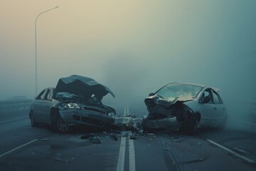 Severe head-on collision between two cars with crumpled hoods on foggy road, concept of traffic accidents and road safety