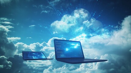 A cloud computing technology concept with a laptop computer.