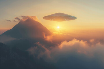 A mysterious sight of a sleek metallic UFO appearing behind a mountain peak at sunrise, reflecting the golden hues of the rising sun.