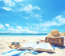 Fototapeta na wymiar Illustration of girl ridding book on beach. Summer concept.