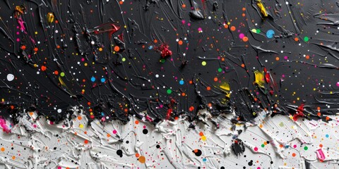 Obraz premium Elegant black paint mural with a sprinkling of colorful glitter over a white background.