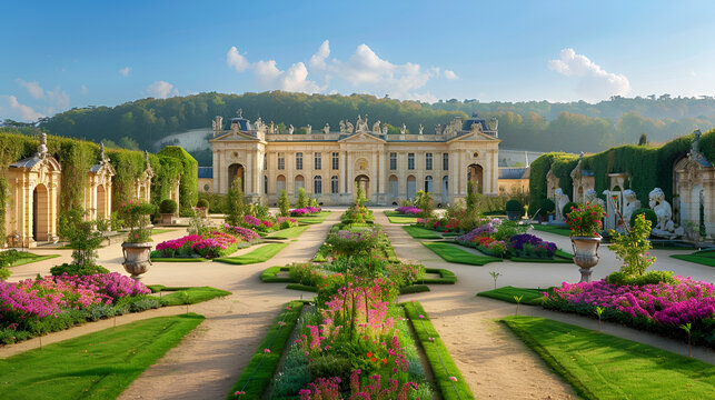 Garden and facade of the Palace of Versailles, generative Ai