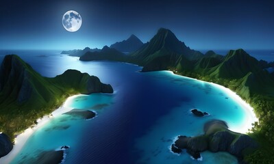 wallpaper, Pacific island lit by full moon. Beautiful landscape