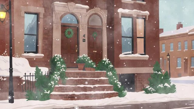 Looping Video Showing Cartoon of Urban Buildings During Winter.