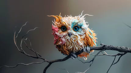 Foto auf Acrylglas colorful embroidered thread owl perched on a dry tree branch against a soft gradient sky background © by korkeng