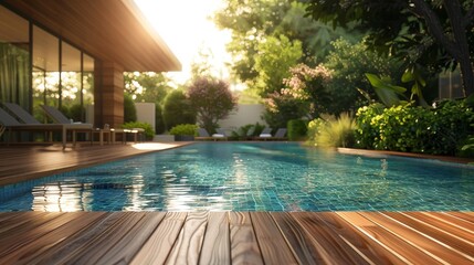 Wooden deck stretching out towards a tranquil swimmi  AI generated illustration - obrazy, fototapety, plakaty
