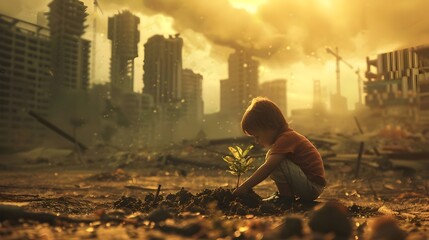 Child Planting a Sapling in Apocalyptic City Ruins,Symbol of Resilience and Hope for a Sustainable Future - obrazy, fototapety, plakaty