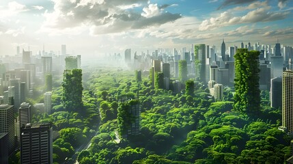 Flourishing Vertical Metropolis:Futuristic Green City Skyline with Towering Skyscrapers and Lush Canopy of Trees