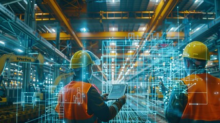 Workers operating heavy machinery alongside digital   AI generated illustration