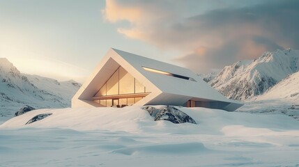 A Sleek Modern House In A Snowy Landscape. 