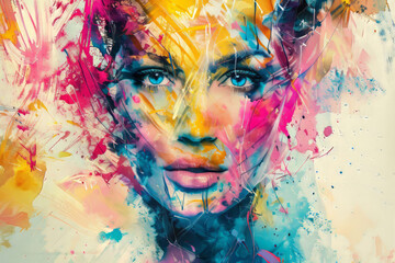 An expressive watercolor strokes sweeping across a female portrait, adding movement and vitality to the artwork. - obrazy, fototapety, plakaty