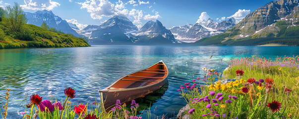 A peaceful canoe rests by a calm lake, embraced by stunning snow-capped mountains. The water mirrors the beautiful azure sky. - obrazy, fototapety, plakaty
