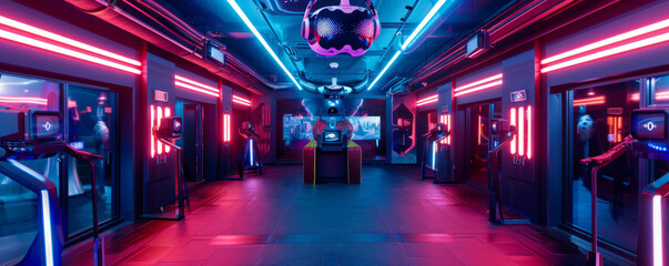 An immersive virtual reality gaming hub adorned with high-tech VR headsets, motion capture sensors, and interactive gaming stations. The space pulsates with neon accents. - obrazy, fototapety, plakaty