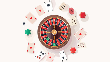 Roulette wheel playing cards and chips on table flat l
