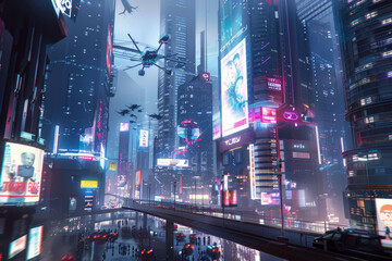 Futuristic cityscape with sleek skyscrapers, illuminated walkways, and advanced transportation systems bustling with commuters.