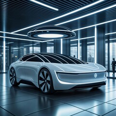 Obraz premium Electronic Vehicle - An EV in a spacious charging station - Robotaxi Wireless charging concept 