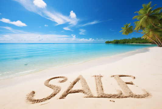 Summer concept with beach and sea with sale ad. 