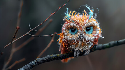 Fototapeta premium colorful embroidered thread owl perched on a dry tree branch against a soft gradient sky background