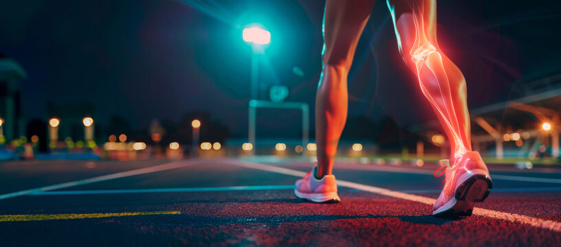 A dynamic image of a runner on an urban road at night, with a visual effect highlighting the leg muscles joints, physical features street lights and a sense of the city's nightlife. Banner. Copy space