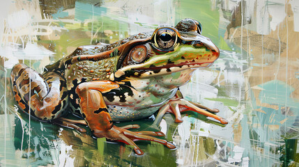 Illustration of green frog on abstract background. Oil painting.