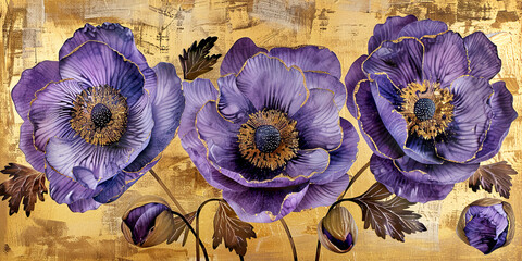 Violet anemone blossoms oil painting. Banner with beautiful spring flower. - obrazy, fototapety, plakaty